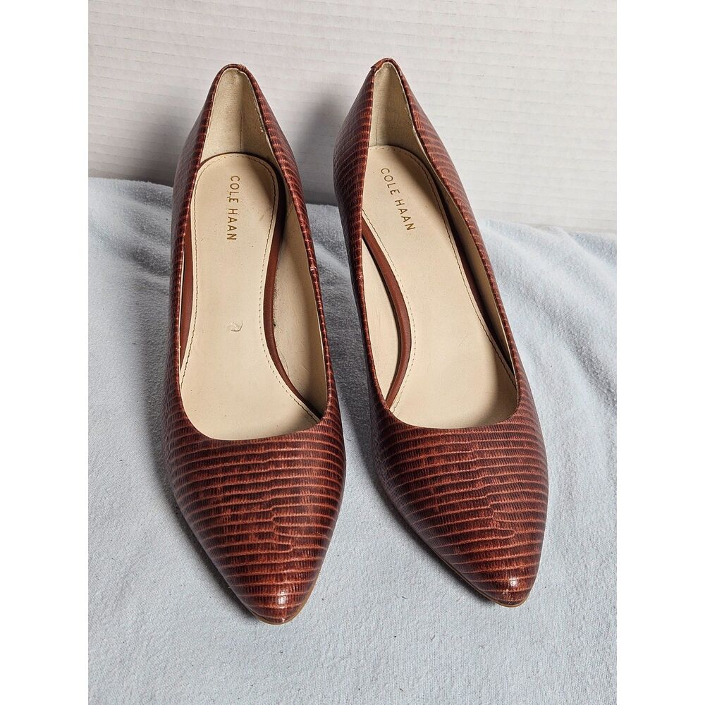 Cole Haan Brown Lizard-Embossed Leather Pointed Toe Kitten Heel Pumps 8B